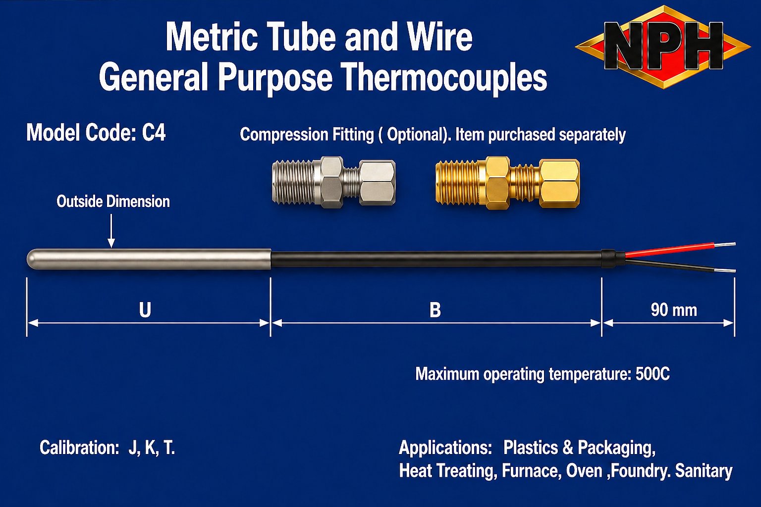 NPH Metric Size Tube & Wire General Purpose Thermocouple-C4